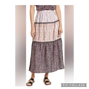 H by Halston Lace Appliqué Pink Floral Tiered Satin Midi Skirt Size XSP